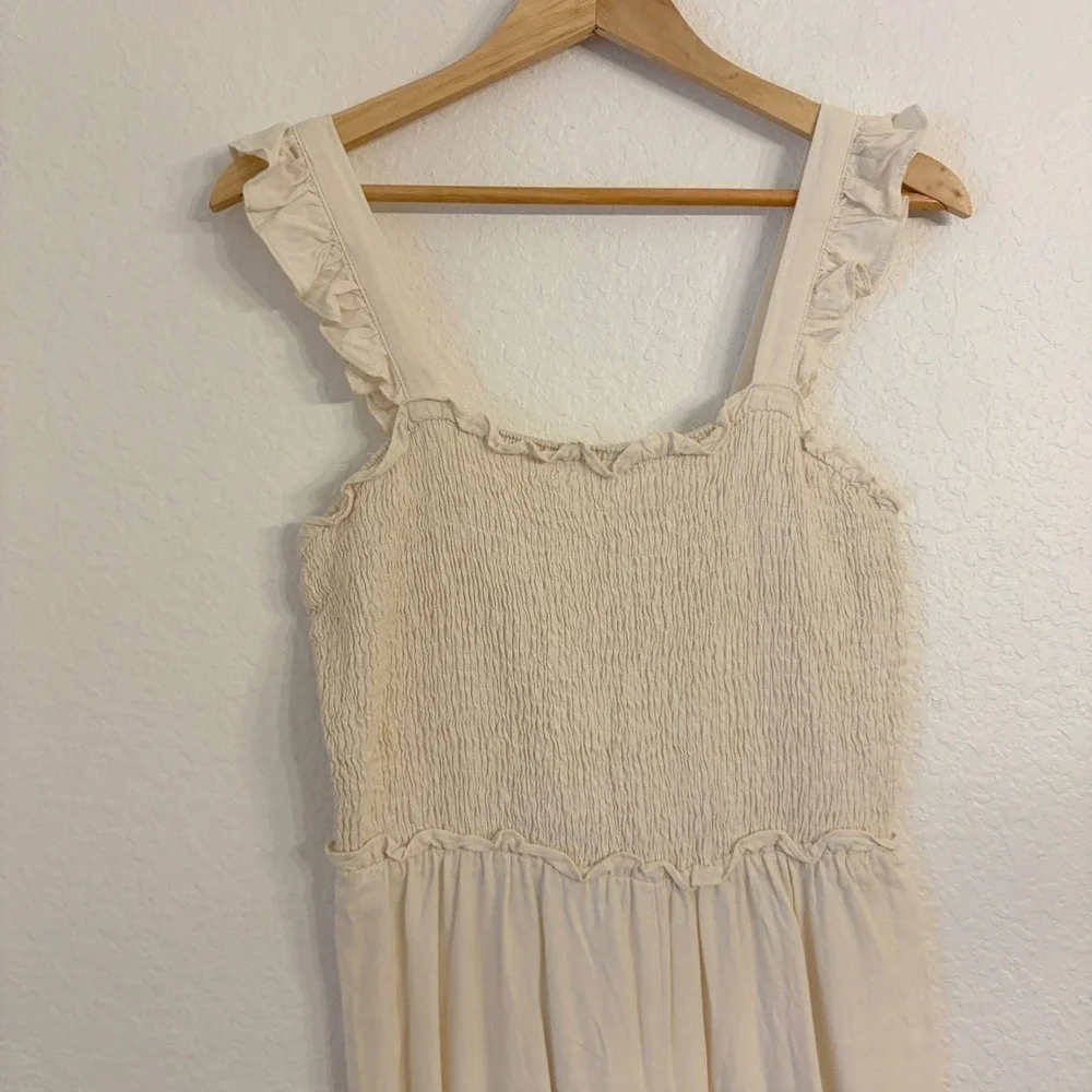 H&M Linen Blend Smocked Jumpsuit Small Wide Leg Beachy Coastal Minimalist‎ Beige